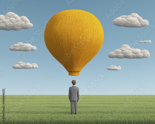 Businessperson contemplates future, gazing at hot air balloon soaring above green meadow - progress innovation entrepreneur