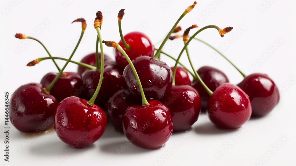 A creative food photography shot of cherries isolated on a pure white background emphasizing their glossy texture and vibrant red hue overlay cut out on isolated transparent removed background A creative food photography shot of cherries isolated on a pure white background emphasizing their glossy texture and vibrant red hue overlay cut out on isolated transparent removed background