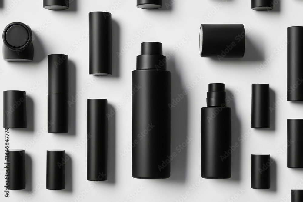 Obraz premium Flatlay of black cosmetic containers