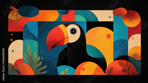 Vibrant illustration of a toucan with geometric shapes and tropical leaf motifs against a black background showcasing creative animal art and copy space. photo