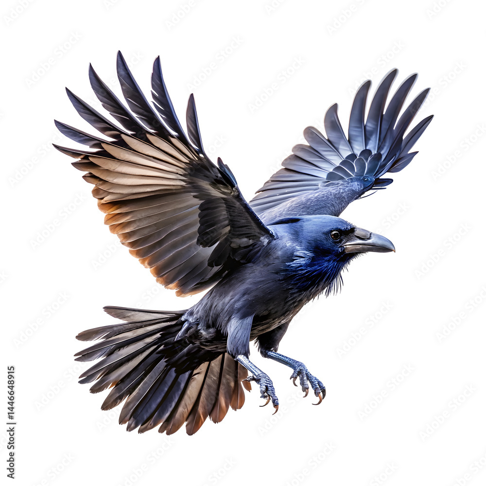 Obraz premium a black raven in flight, taken against on a transparent background