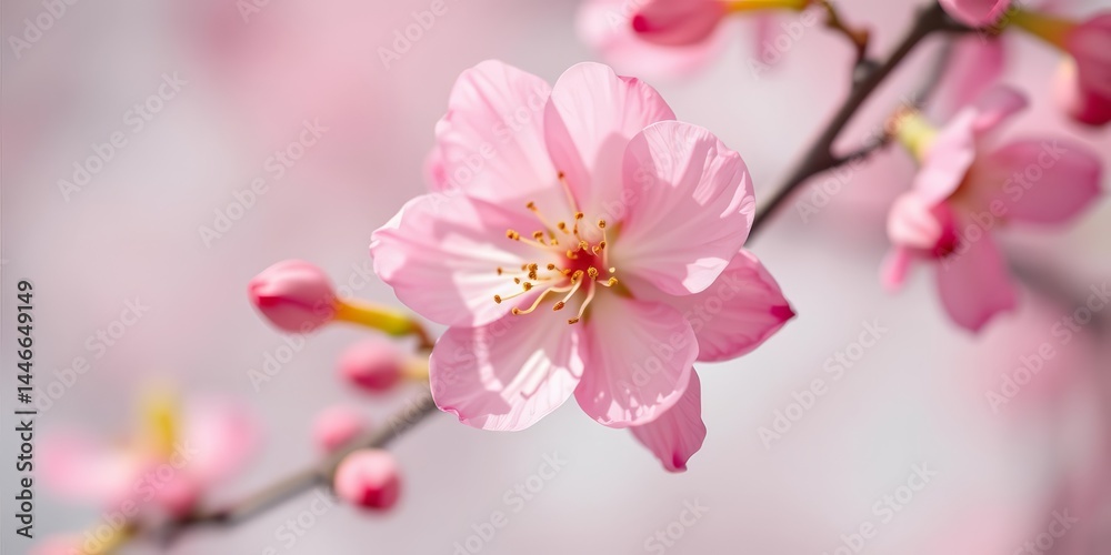 Fototapeta premium Delicate pink blossom, vibrant petals, soft focus, white background, beautiful, pink flower