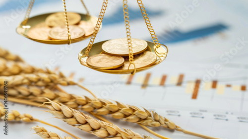Golden scale balancing coins and wheat on white surface, symbolizing economic stability versus inflation, financial crisis and money value concept.