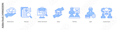 Employee Recruitment icon sheet vector performance, resume, online job search, salary, training, staff, creative team