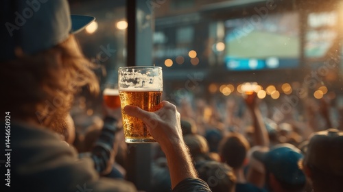 A person holds up a glass of beer in a lively crowd, watching a sports event on a big screen in an outdoor bar setting.