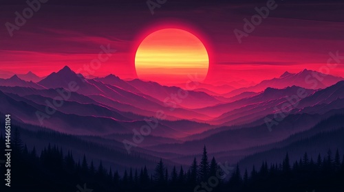 Crimson Sunset Over Mountains