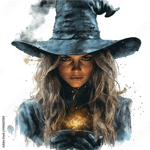 Sorceress Casting A Golden Spell, vector watercolor illustration, isolated on a white background.
