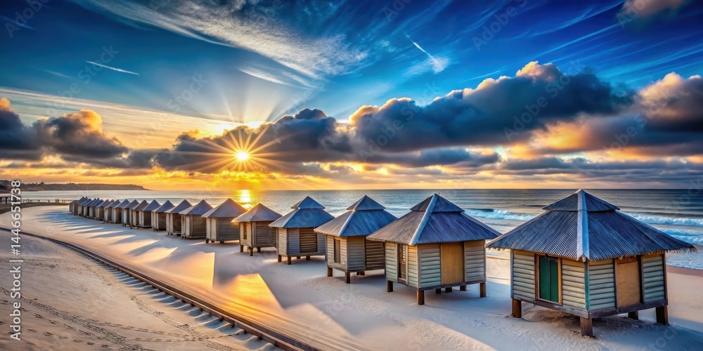 Serene Coastal Cabanas at Sunrise Golden Hour Light Illuminates Beachfront Structures with Ocean Waves Serene Coastal Cabanas at Sunrise Golden Hour Light Illuminates Beachfront Structures with Ocean Waves