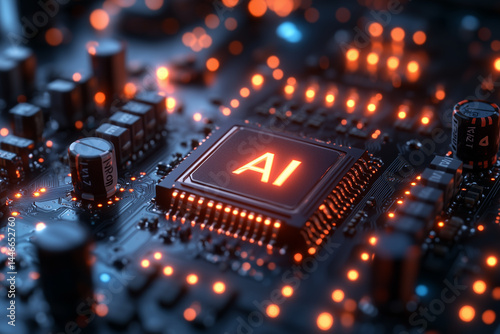 AI icon on a circuit board glowing light blue background