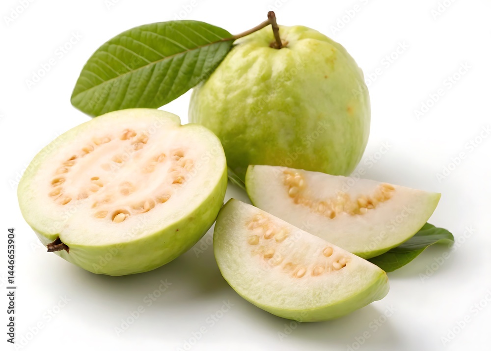 Whole and sliced guava isolated on white background Whole and sliced guava isolated on white background