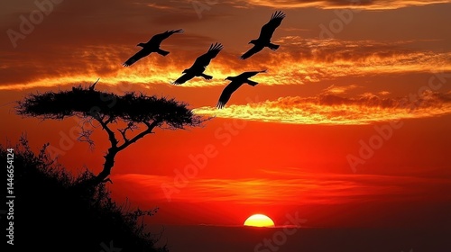 Silhouette Tree with Birds Flying Over a Warm Sunset Sky, a Landscape of Tranquility and Serenity, perfect for travel and nature related content