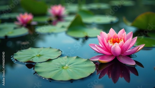 Water lilies and lotus blossoms create a vibrant floral pattern on a calm lake's surface , peaceful, pattern
