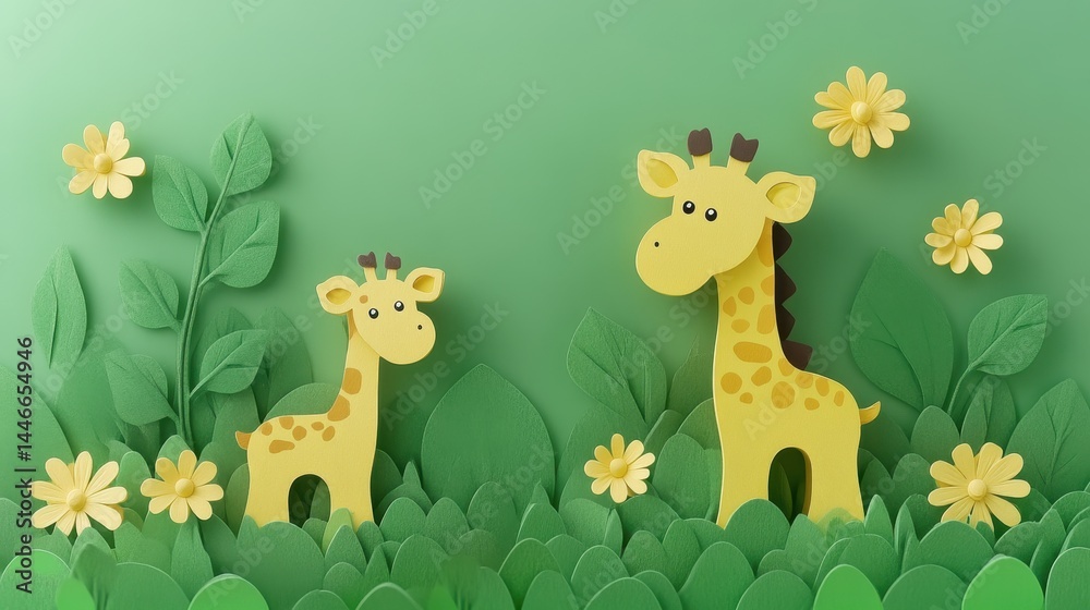 Naklejka premium Adorable papercraft giraffes amidst a vibrant meadow of foliage and blooming florets evoking pure serenity and childlike innocence within a serene verdant scenery