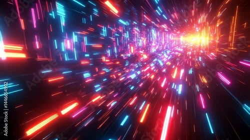 Vibrant neon futuristic tunnel with dynamic lines and colors for modern technology or design projects