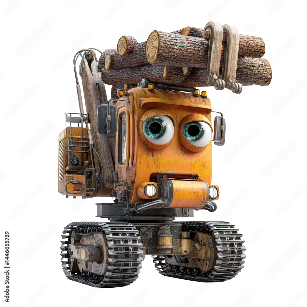 Fototapeta premium Adorable Cartoon Logging Truck with Big Eyes Carrying Logs