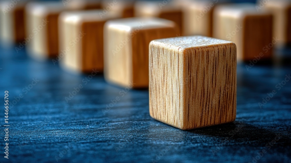 Wooden blocks in a row on a dark surface. Close-up view of the light brown cubes, showing wood grain, aligned in a straight line Wooden blocks in a row on a dark surface. Close-up view of the light brown cubes, showing wood grain, aligned in a straight line
