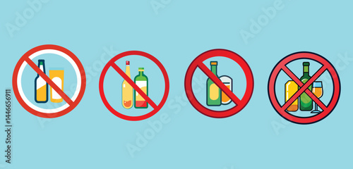 A digital illustration of four circles, each containing a different type of bottle, set against a light blue background. Each circle has a red prohibition symbol a red circle with a diagonal line .