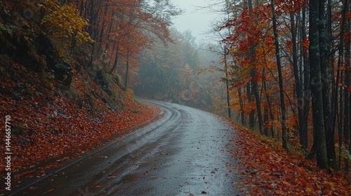 Autumnal, winding road through misty mountain woods.