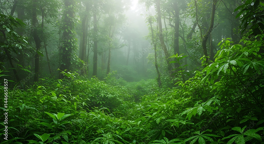 Fototapeta premium A lush, green forest path disappears into the mist. Sunlight filters through the trees, highlighting the vibrant foliage.