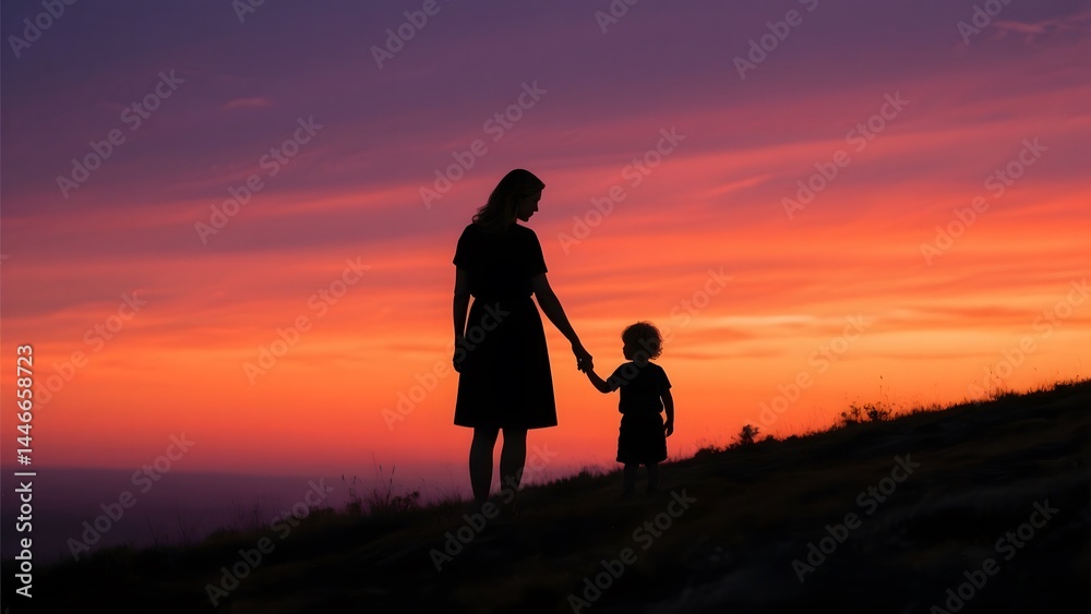 A loving mother and child walk hand-in-hand, silhouetted by a stunning sunset's fiery hues. A loving mother and child walk hand-in-hand, silhouetted by a stunning sunset's fiery hues.