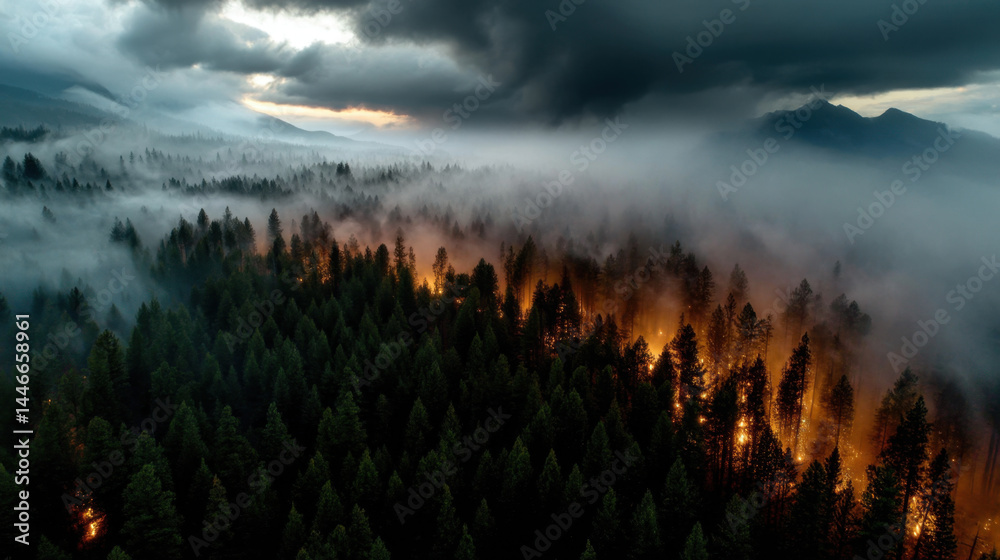 Obraz premium Forest fire burning through dense pine trees with thick smoke and dark stormy clouds above, creating dramatic and intense natural disaster scene