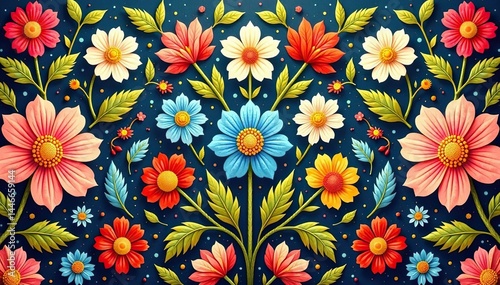 Wallpaper Mural Intricate floral textile design, repeating motif, botany, vibrant, dark Torontodigital.ca