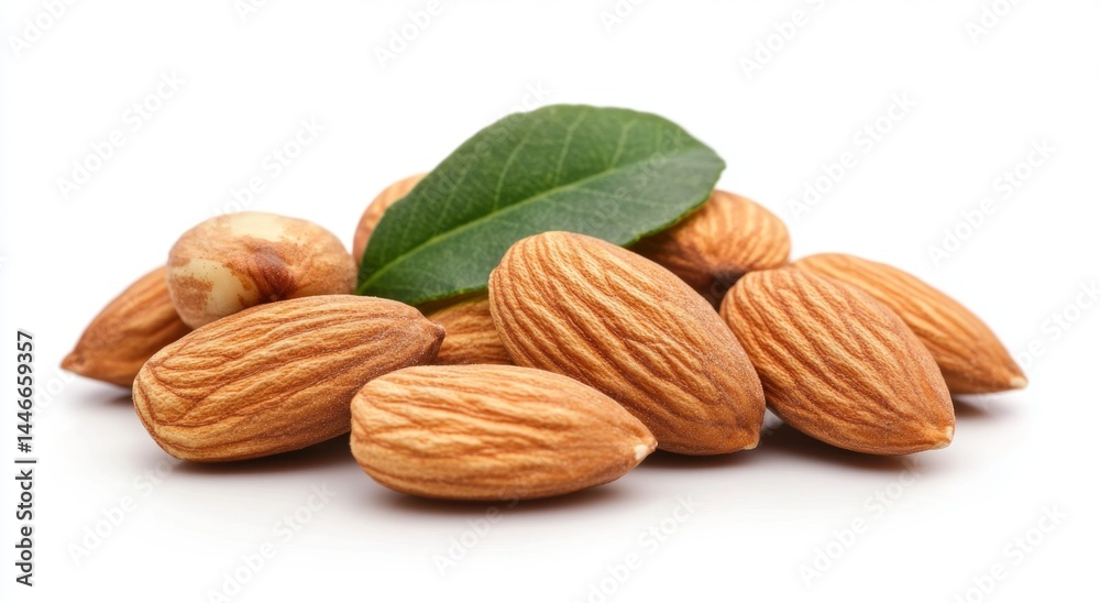 Pile of almonds with a green leaf (1) Pile of almonds with a green leaf (1)