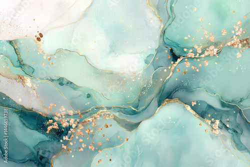 Elegant light teal marble texture with flowing watercolor tones white marbling and scattered foil glitter specks creating a refined and modern abstract background
