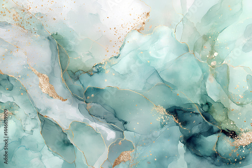 Elegant light teal marble texture with flowing watercolor tones white marbling and scattered foil glitter specks creating a refined and modern abstract background
