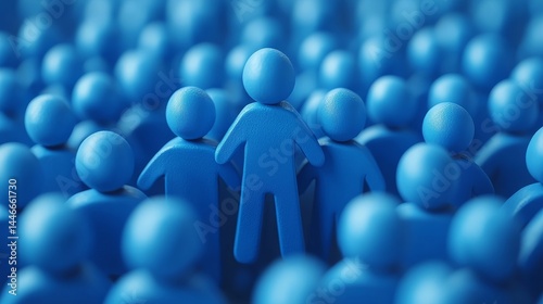 A close-up view of a small human figurine amidst a sea of blue figures.