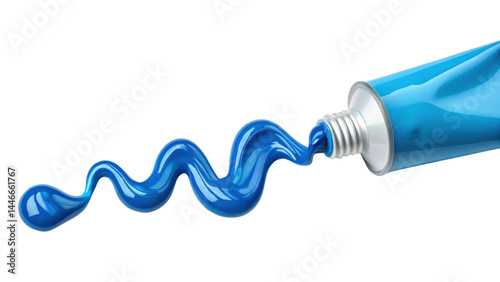 Blue paint tube with glossy blue paint flowing out in wavy pattern on transparency background, showing vibrant color and smooth texture