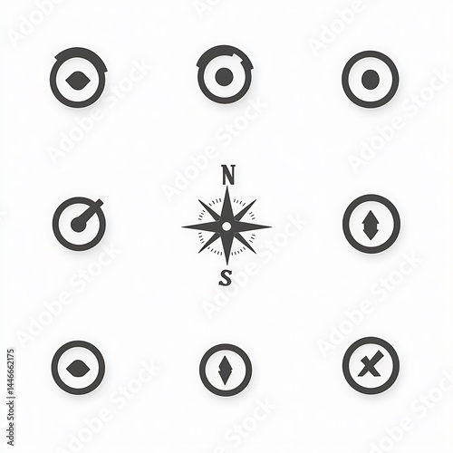 A Compass And Icons Are Centered On The White Background
