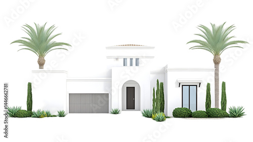 3D Model Front View Of Modern House With Palm Trees, Isolated Background, Exterior Illustration