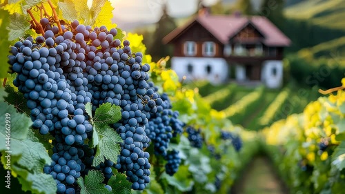 Vineyard and grapes close up with countryside background high quality image for commercial stock photo editorial and design purposes
