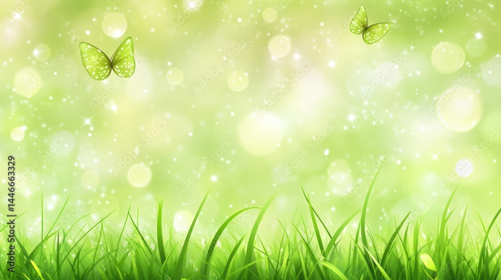 Fototapeta premium Delicate, vibrant green grass, soft bokeh, and two light green butterflies. A serene spring scene