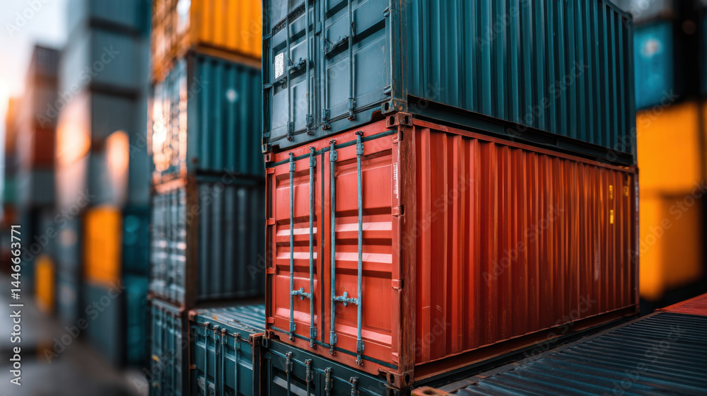 Fototapeta premium Stack of colorful shipping container with red and blue containers in focus and blurred background, industrial cargo storage with vibrant colors and strong sunlight
