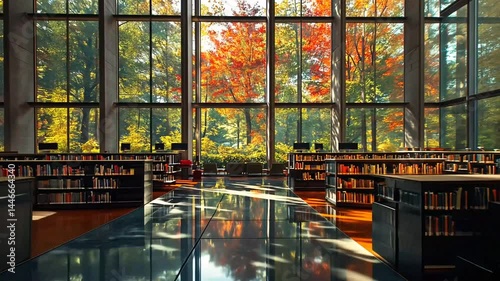 Wallpaper Mural Modern library interior with autumn scenery outside Torontodigital.ca