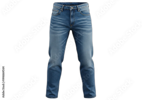 Pair of blue jeans with front pockets and belt loops isolated on transparent background.