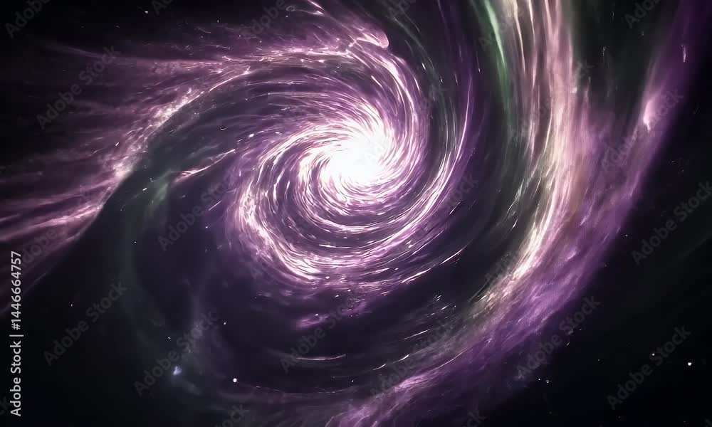A swirling purple galaxy with white light emanating from its center, creating an abstract background for the video