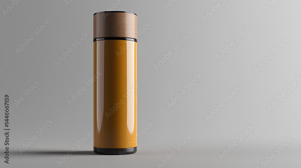 A render of a blue metal thermos container on a blue background