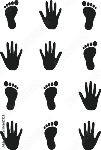 Seamless Pattern of Handprints and Footprints, Black and White Vector Illustration with Human Silhouettes
