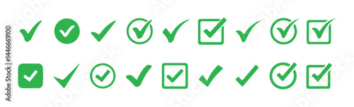 Big Green check mark icon set. Check box icon with correct, accept checkmark icons tick box checked. Check mark icon symbol. Vector Illustration