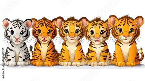 Group of cartoon adorable little tigers one white tiger surrounded by four orange striped tigers sitting in a row and looking forward illustration