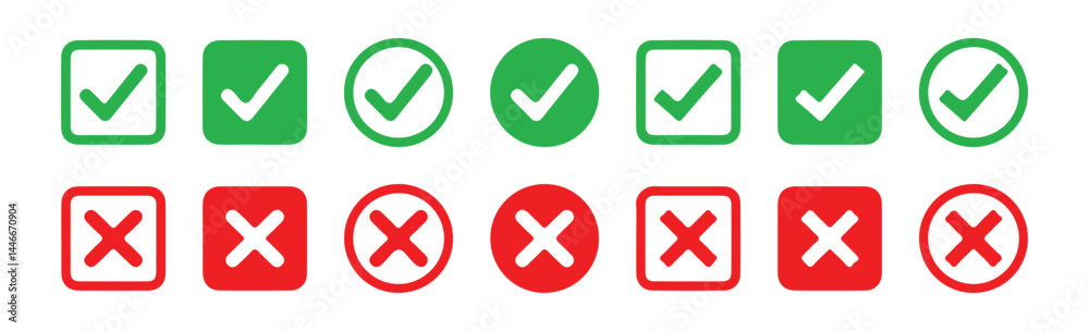 Set of red X and green check mark icon with stroke line. Tick and cross checkmark icon. Yes and no buttons. Vector illustration. Set of red X and green check mark icon with stroke line. Tick and cross checkmark icon. Yes and no buttons. Vector illustration.