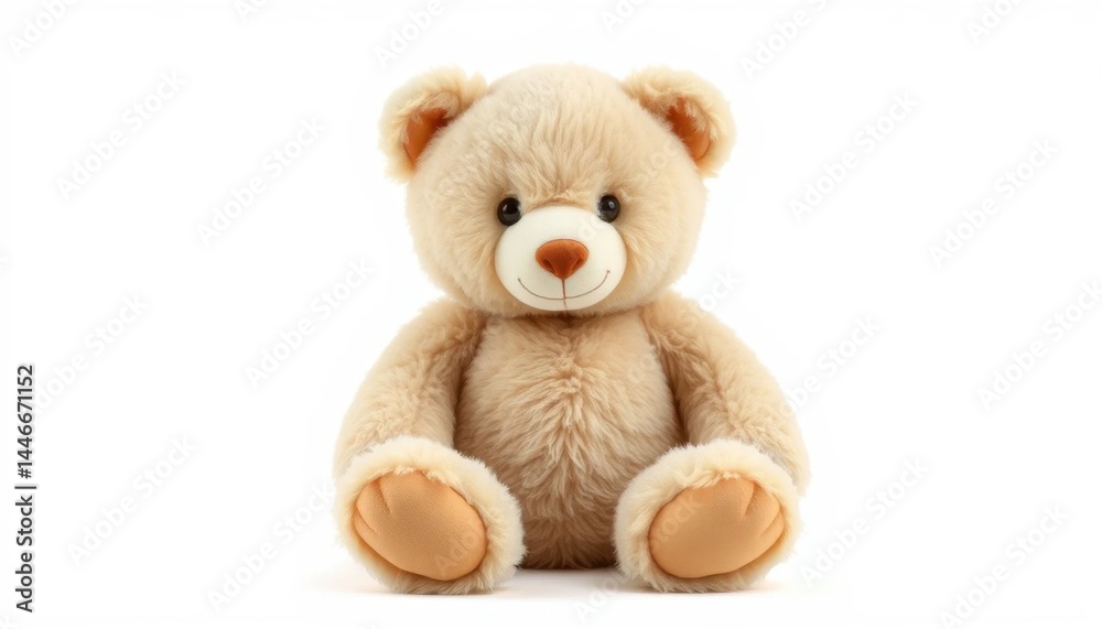 Obraz premium Adorable Beige Teddy Bear Sitting on White Background Studio Shot of Plush Toy