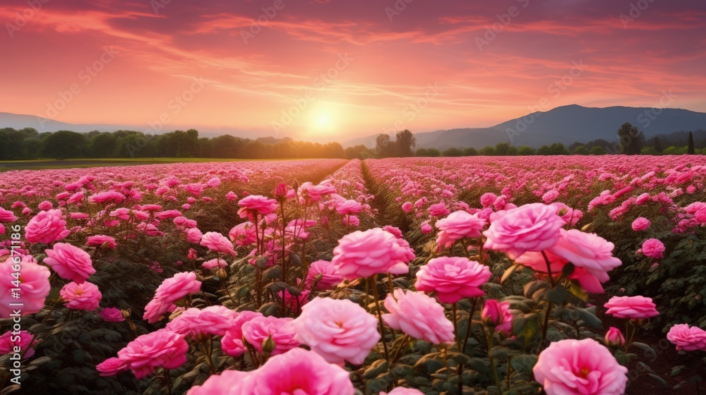 Fototapeta premium Close Pink Rose Field At Warm Sunrise