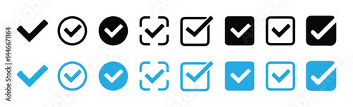 Blue Check box icon with correct, accept checkmark icons tick box checked. ok choose illustration white background. 