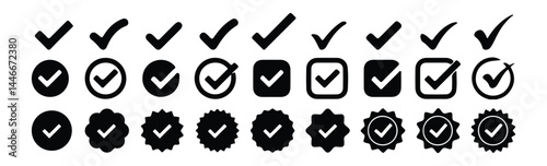 Blue Verified badge icon set. Collection of different style star shaped,  social media icons. Check box icon with correct, accept checkmark icon. Vector Eps 10