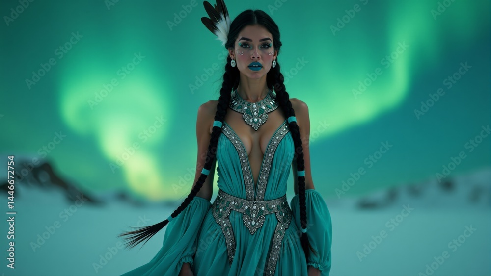 Fototapeta premium Woman Wearing Turquoise Dress Under Aurora