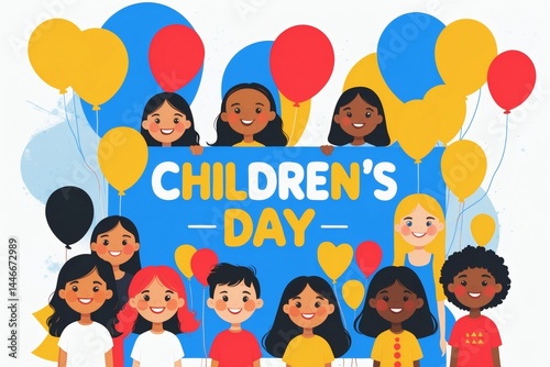 Children celebrating Children’s Day with balloons against a bright background  